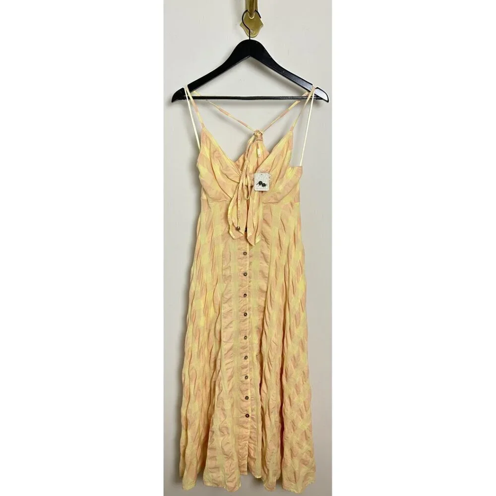 FREE PEOPLE Via Gingham Cotton Seersucker Sundress Creamsicle Combo Eve X-Small - Picture 4 of 11